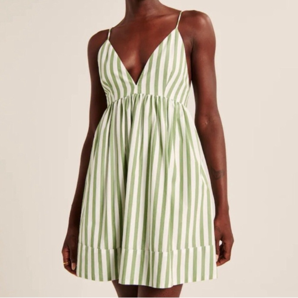 Abercrombie & Fitch Striped Babydoll Mini Dress - green/white/large tall